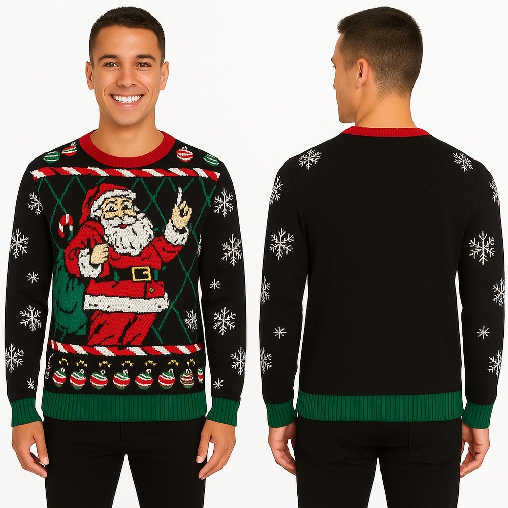 NWT Ugly Christmas Sweater Santa Graphic Pullover‎ Men XL Black Cotton Blend